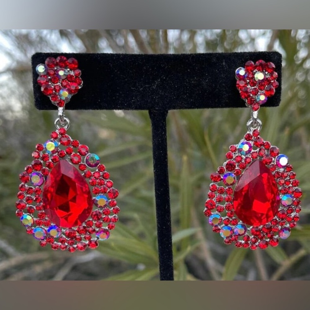 Elegant Red & AB Crystal Stones Drop Earrings Pageant Prom Homecoming Large